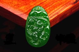 Bright green jade Chinese zodiac horses sheep monkey. Talisman necklace pendant