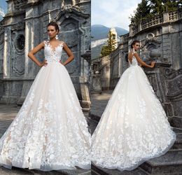 2020 Applique A-Line Bröllopsklänningar Sheer Neck Backless Ärmlös Lace Bridal Gown med Court Train Vestido de Noiva