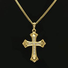 Bling Bling Imitated Diamond Cross Pendant Necklace Yellow Gold Plated Men's Necklace High Quality Exquisite Pendant Wholesale
