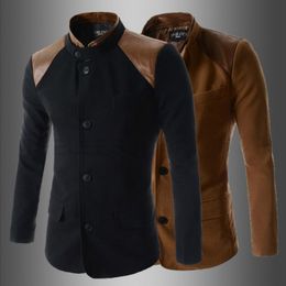 Wholesale- High Quality 2015 New Arrival Casual Slim Fit Stylish Patchwork Men's Mandarin Collar Blazer Jacket Suits Black/Brown Colors