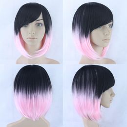 Wholesale free shipping >>>Ombre Pink Party Wig Women Heat Resistant Synthetic Hair Short Cosplay Bang Wig