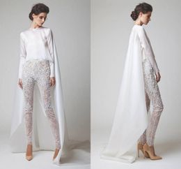 2020 New White Evening Dresses Two Pieces Chiffon Lace Pearl Trousers See Through Long Sleeves Elio Abou Fayssal Evening Gowns Wit2714767