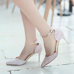 2017 Concise Nude High Heels Sandals Women Sequined Ankle Strap Summer Dress Shoes Woman Pointed Toe Sandals 6 cm heel