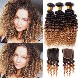 #1B 4 27 Honey Blonde Malaysian Ombre Deep Curly Wave Weaves With Closure 4Pcs Lot Three Tone 3 Bundles With Ombre Lace Closure