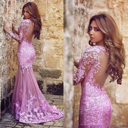 Lace Pink Applique Mor Evening Jewel Long Illusion Sleeves Prom Dresses Sheer Back Sweep Train Custom Made Party Gowns
