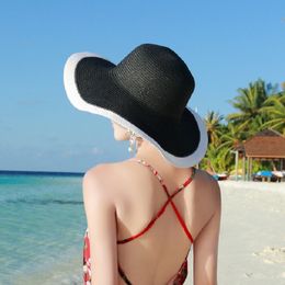 Womens Fashion Straw Sunhat Black & White Folding Floppy Derby Hat Wide Large Brim Travel Beach Cap