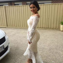 White High Low Off Shoulder Lace Mermaid Evening Dress With Long Sleeve Arabic Event Prom Party Dress Cocktail Gown