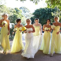 Cheap Light Yellow Bridesmaid Dress Long Sweetheart Sleeveless Ruched Chiffon Floor Length Country Wedding Maid of Honour Gowns