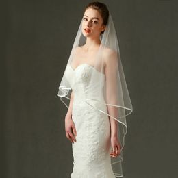 Long Bridal Veils 2017 Two Layers Fingertip Length Wedding Veils for Brides Ribbon Edge White Beige Colours 110*150CM