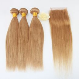 Straight Weave 7A Brazilian Virgin Hair 3 Bundles with Lace Closure Free Part Mixed Size Length Perfect for 27# Colour Hair Weft