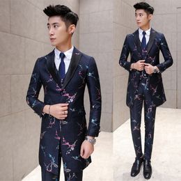 Wholesale- Long Men flower Suit Black White Floral Suit Men Wedding Groom Men Dress Suit Party Business Slim Fit Long (Jacket +Vest+ Pant)