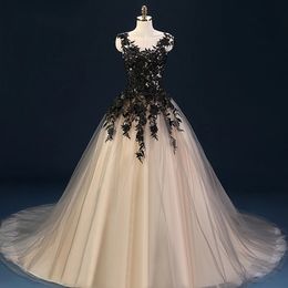 Gothic Black Champagne Ball Gown Wedding Dresses Lace Appliques Corset Back Non White Bridal Gowns With Colour Custom Made