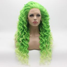 Iwona Hair Curly Long Green Root Light Green Ombre Wig 18#2605/2606 Half Hand Tied Heat Resistant Synthetic Lace Front Wigs