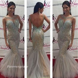 New Mermaid Beaded Long Evening Dress Sheer Neck Backless Sweep Train Long Formal Prom Party Gown Custom Made Plus Size