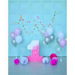 Indoor Blue Wall Photograpgy Backgroud Pink Flowers Baby Girl's 1st Birthday Party Backdrop Colorful Balloons Kids Photo Shoot Props