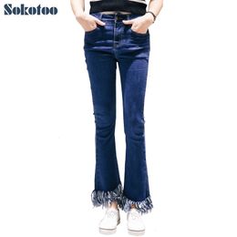 Wholesale- Sokotoo Women's tassel ankle flare crop fringe jeans Fashion slim skinny stretch denim pants Black blue Ninth Capri