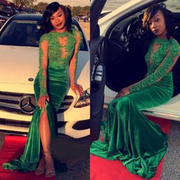 2017 Stunning Greeen Velvet Prom Dress Sheer Backless Long Sleeves Appliques Side Split Mermaid Party Dress Fashion Celebrity Evening Dress