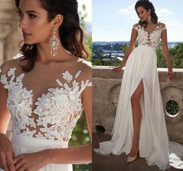 Chiffon Ivory Wedding Gown Jewel Neck Capped SLeeve Iullsion Back Covered Bottons Elegant Sweep Train Long Gown Chamring WOnderful Hot Sale