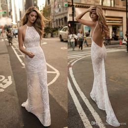 -Berta 2019 Vestidos de novia de cristal de sirena Hlater Neck Lace Apliques Vestidos de novia sin espalda Sexy Illusion Bodice Fishtail Wedding Dress