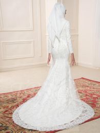 2017 White Muslim Wedding Dresses High Neckline Long Sleeves Bridal Gowns With Beaded Applique Mermaid Style Custom Made Wedding G246J