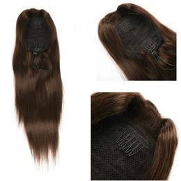 African american fashion YAKI Straight Ponytail Clip in light yaki Human Hair Drawstring Ponytail hair Extensions brown Colour 4 free ship