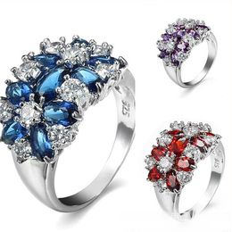 10pcs Holiday Gift Fire Blue Red Amethyst Purple White Cubic Zirconia Crystal Gemstone Russia 925 Sterling Silver Wedding Flower Rings