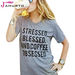 Wholesale- Grey T Shirt Women Stressed Blessed And Coffee Obsessed Printed Funny Graphic Tees Women Short Sleeve T-Shirt Casual Ladies Tops