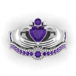 Eternal Claddagh Ring Sets 10KT White Gold Filled 1CT Heart purple Sapphire Women's Wedding ring for Women Gift Size 5-11