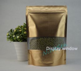 9x13cm embossing bags, 100pcs/lot X Stand up matte gold aluminium foil ziplock bag with window-dustproof dried herbal packing poly pouch