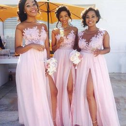 Sexy Pink Bridesmaid Dress Illusion Top Lace Appliques Chiffon Beach Wedding Bridesmaids Dresses Custom Made with Split