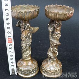Antique antique pure brass gilt furnishings town house evil spirits ornaments dragon and phoenix lamp a pair