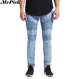 Wholesale- MrPick New Men Ripped Distressed Biker Jeans 2017 Urban Classic 5 Styles Skinny Hole Pencil Stretch Jeans