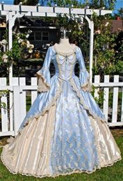 Vintage Ball Gown Victorian Dress Medieval Gothid Bridal Gown Champagne Light Sky Blue Long Bell Sleeves Appliques Scoop Neck Cust181Z
