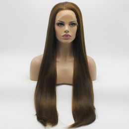 Iwona Hair Straight Extra Long Brown Honey Blonde Mix Wig 22#8/27 Half Hand Tied Heat Resistant Synthetic Lace Front Wigs