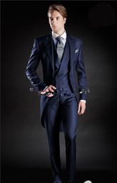 Slim Fit Morning Style Groom Tuxedos Peak Lapel Men's Suit Navy Blue Groomsman/Best Man Wedding/Prom Suits(Jacket+Pants+Tie+Vest) J994