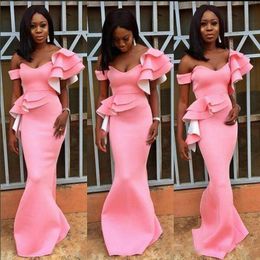 South African Off The Shoulder Prom Dresses Pink Layered Peplum Mermaid Evening Gowns Satin Floor Length Formal Party Dress Cheap