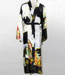 Wholesale- Promotion Black Silk Long Robe Chinese Vintage Women Rayon Nightwear Kimono Yukata Bath Gown Plus Size S M L XL XXL XXXL NR035