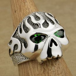 sterling silver mens skull rings UK - LINSION 925 Sterling Silver Fire Skull Ring Green CZ Eyes Mens Boys Biker Rock Punk Style 8D506 US Size 7~15