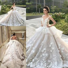 Amazing 3D Floral Peplum Ruffles Wedding Dresses 2017 Plunging Neck Arabic Dubai Lace Organza Bridal Gowns Custom Made Wedding Vestidos