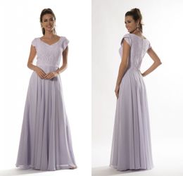 Lilac Long Modest Bridesmaid Dresses With Cap Sleeves Sweetheart Lace Bodice Chiffon A-line Temple Maids of Honour Dress New Custom Made