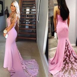 Lilac Purple Mermaid Prom Dresses Sweetheart Spaghetti Straps Appliques Lace Satin Backless Cheap Evening Gowns Party Dresses