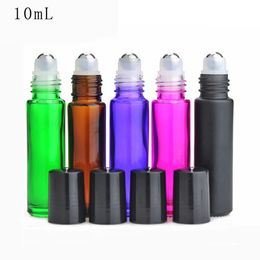 Green Amber Purple Red Black 10ml Thick Glass Roller Bottles with Metal Ball Screw Black Lids for 10ml Essential Oil Eye Massage 600Pcs