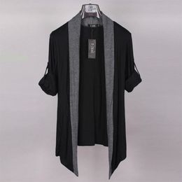 Wholesale- 3 Colours Avant-garde Edge Mens Designer Shawl Collar Black Grey Long SLeeve Jacket Cardigan Mens Cape Thin Sweater Trench Coat