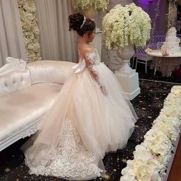 Sheer Long Sleeves Flower Girl Dress with Bow Lovely Puffy Tulle Ball Gown Pageant Dress Christmas Dress Lace Applique Flower Girls Dresses