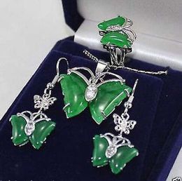 Jewelry butterfly green jade pendant Necklace earrings ring set