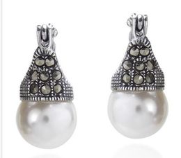 New Fashion 12mm White Shell Pearl Sterling Silver Marcasite Earrings Jewelry