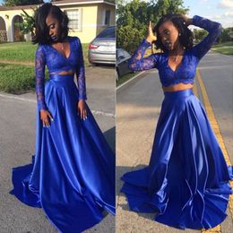 Sexy African Evening Dresses V Neck Sheer Long Sleeves Lace Crop A Line Plain Skirt Royal Blue Prom Dress Two Pieces