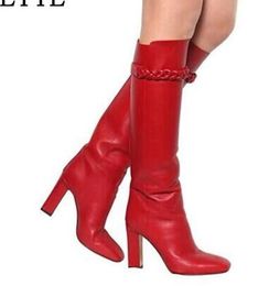 Top Quality Buckle Strap Slip On High Heel shoes Red Genuine Leather Boots Knee High Boots Thick High Heels Boots Fashion Shoes