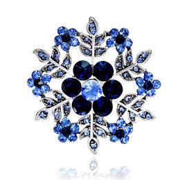 Vintage Blue Snow Flower Brooches For Women Hats Dresses Crystals Round Corsage Antique Silver Plated Turkish Brooch