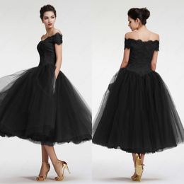 2019 Vintage Black Off The Shoulder Tea Length Wedding Dresses High Quality Lace Tulle Puffy Bridal Gowns Plus Size Custom Made China